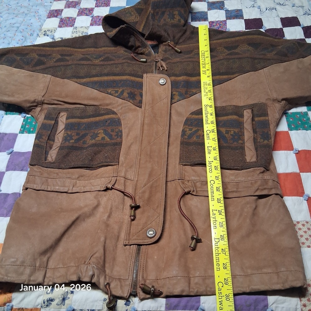Vintage Winlit Leather & Wool Aztec Southwest Jacket Split Hood Parka Sz Small - Picture 10 of 16